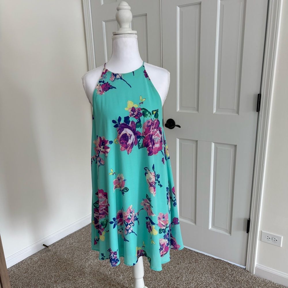 fab'rik Turquoise Floral Halter Mini Dress